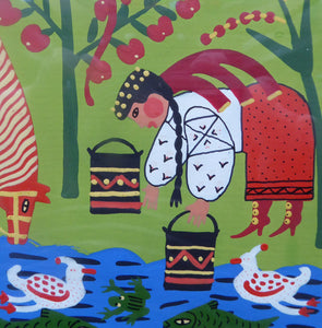 Ukrainian Naïve Folk Art Painting 1990s - Showing a Man and a Woman Watering a Horse Beside a Stream