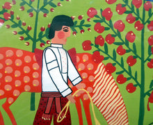 Load image into Gallery viewer, Ukrainian Naïve Folk Art Painting 1990s - Showing a Man and a Woman Watering a Horse Beside a Stream
