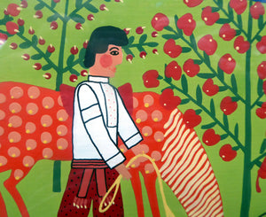 Ukrainian Naïve Folk Art Painting 1990s - Showing a Man and a Woman Watering a Horse Beside a Stream