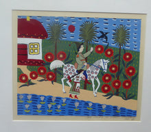 Load image into Gallery viewer, Ukrainian Naïve Folk Art Painting 1990s - Showing a Man Riding Along a Road on a Piebald Horse
