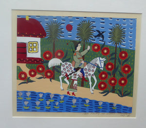 Ukrainian Naïve Folk Art Painting 1990s - Showing a Man Riding Along a Road on a Piebald Horse