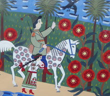 Load image into Gallery viewer, Ukrainian Naïve Folk Art Painting 1990s - Showing a Man Riding Along a Road on a Piebald Horse
