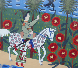 Ukrainian Naïve Folk Art Painting 1990s - Showing a Man Riding Along a Road on a Piebald Horse
