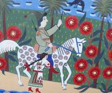 Load image into Gallery viewer, Ukrainian Naïve Folk Art Painting 1990s - Showing a Man Riding Along a Road on a Piebald Horse
