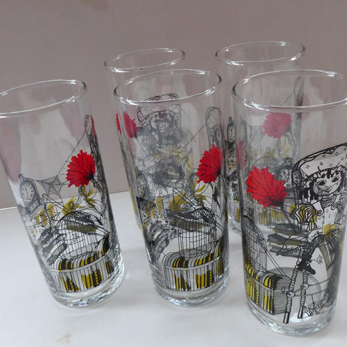 Five 1960s RAVENSHEAD Slim Jim Drinking Glasses. Little Miss Muffet Design by Alexander Hardie-Williamson