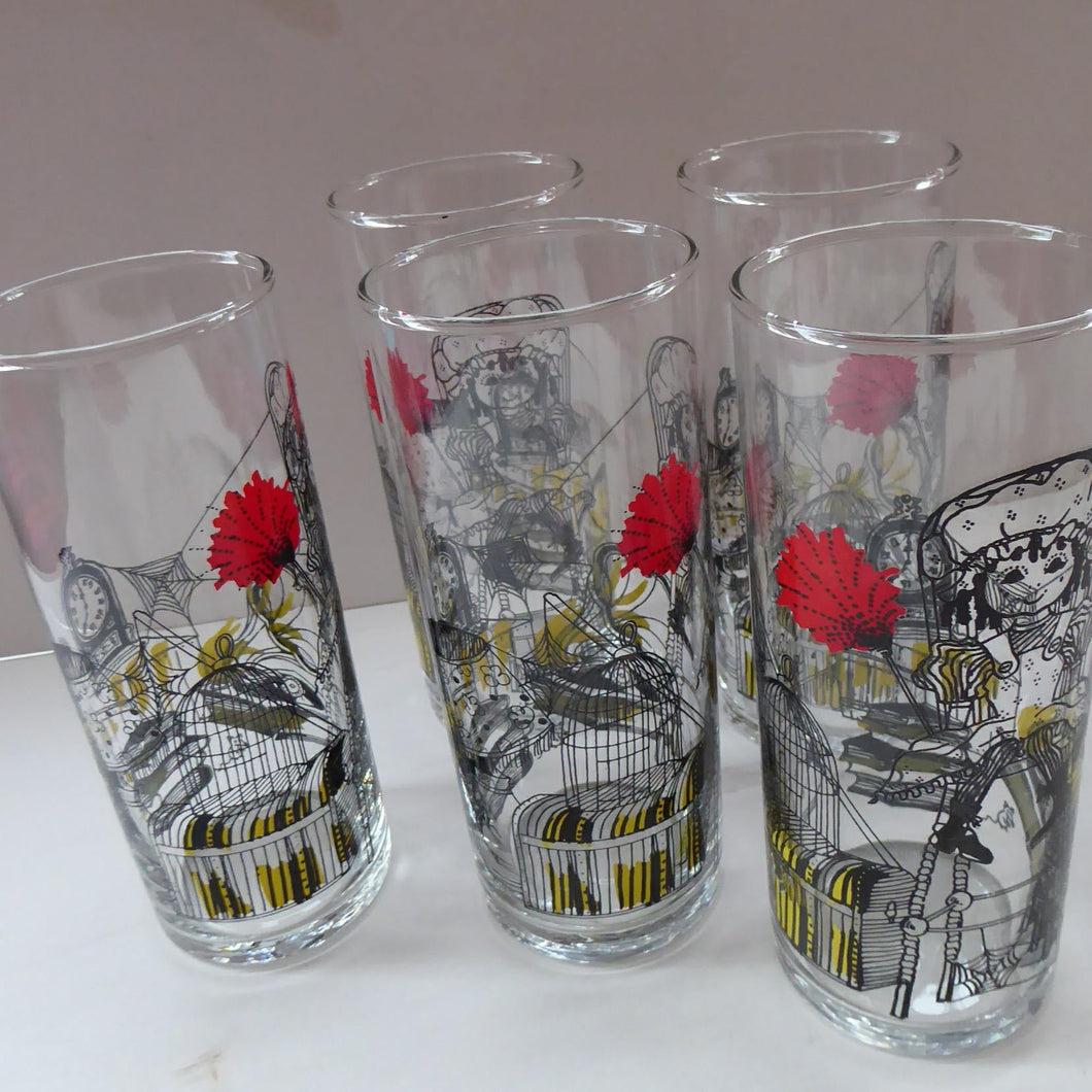 Five 1960s RAVENSHEAD Slim Jim Drinking Glasses. Little Miss Muffet Design by Alexander Hardie-Williamson