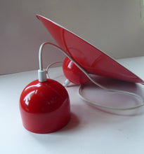 Load image into Gallery viewer, Rare 1960s CZECH Red and White Enamel Flying Saucer Hanging Ceiling Pendant LAMPSHADE. With Original Napako Label
