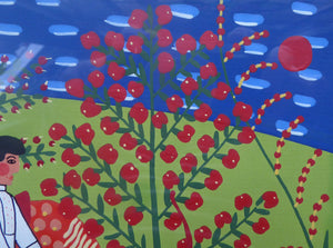 Ukrainian Naïve Folk Art Painting 1990s - Showing a Man and a Woman Watering a Horse Beside a Stream