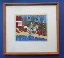 Load image into Gallery viewer, Ukrainian Naïve Folk Art Painting 1990s - Showing a Man Riding Along a Road on a Piebald Horse
