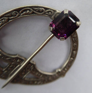 SCOTTISH SILVER. 1950s Penannular Brooch with Inset Amethyst. Traditional Design & Edinburgh Hallmark 1957