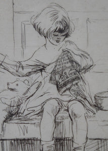Cute Original Etching by EILEEN ALICE SOPER (1905 - 1990). The Sampler. Published 1922. Signed in Pencil