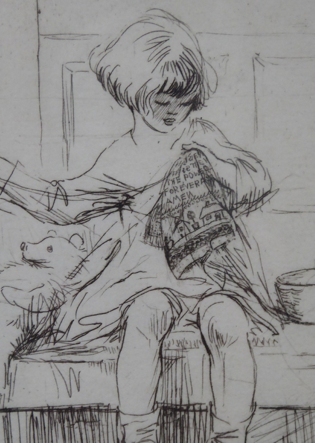 Cute Original Etching by EILEEN ALICE SOPER (1905 - 1990). The Sampler. Published 1922. Signed in Pencil