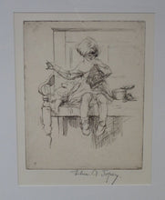 Load image into Gallery viewer, Cute Original Etching by EILEEN ALICE SOPER (1905 - 1990). The Sampler. Published 1922. Signed in Pencil
