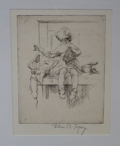 Cute Original Etching by EILEEN ALICE SOPER (1905 - 1990). The Sampler. Published 1922. Signed in Pencil
