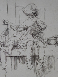 Cute Original Etching by EILEEN ALICE SOPER (1905 - 1990). The Sampler. Published 1922. Signed in Pencil
