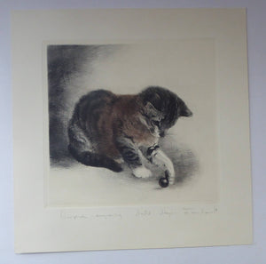 Pencil Signed Etching by Kurt Meyer-Eberhardt Kitten Playing with a Ball