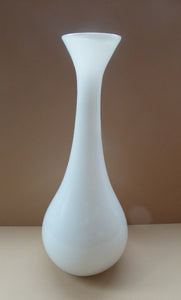 1960s Danish HOLMEGAARD Glass. Tall White Opaline Teardrop Shape Bottle Vase. 13 1/2 inches in height