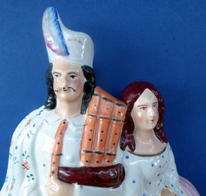 ANTIQUE Victorian Staffordshire Flatback Figurine. A Highlander and his Sweetheart Sitting on a Clock Face. Poor Man's Clock