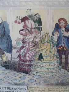 Original FRAMED 1835 Antique GEORGIAN Satirical Print / Etching by George Cruikshank. Le Retour de Paris