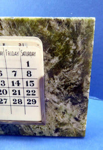 EDWARDIAN Desk Set. Antique Green Connemara Marble: Calendar, Inkwell, Sand Pot & Stamp Wetter. Hallmarked SILVER MOUNTS