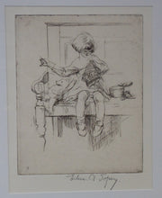 Load image into Gallery viewer, Cute Original Etching by EILEEN ALICE SOPER (1905 - 1990). The Sampler. Published 1922. Signed in Pencil

