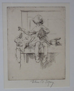 Cute Original Etching by EILEEN ALICE SOPER (1905 - 1990). The Sampler. Published 1922. Signed in Pencil