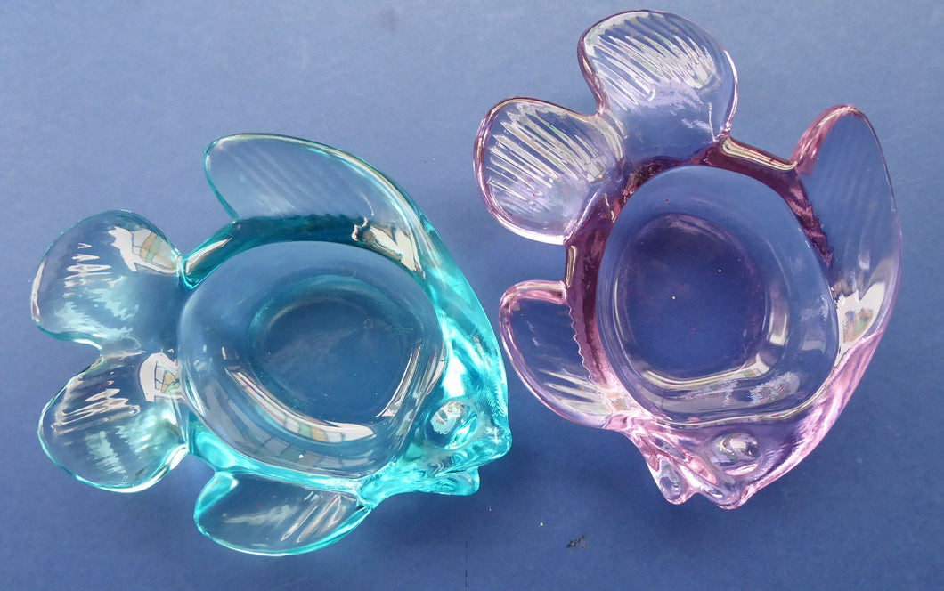 Vintage Matching Pair of Moulded Glass Fish Bowls in Blue and  Lilac Coloured Glass. Nice Heavy Glass Pieces, c 1960s