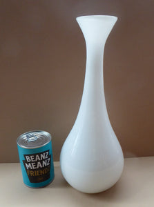 1960s Danish HOLMEGAARD Glass. Tall White Opaline Teardrop Shape Bottle Vase. 13 1/2 inches in height