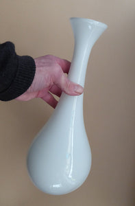 1960s Danish HOLMEGAARD Glass. Tall White Opaline Teardrop Shape Bottle Vase. 13 1/2 inches in height