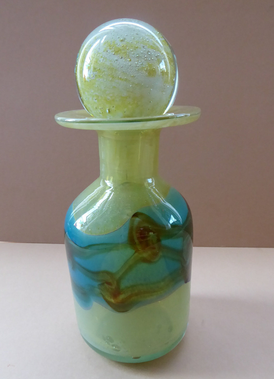 Vintage MDINA Maltese Glass Sand & Sea Slim Bottle Vase with Large Ball Glass Stopper. Signed
