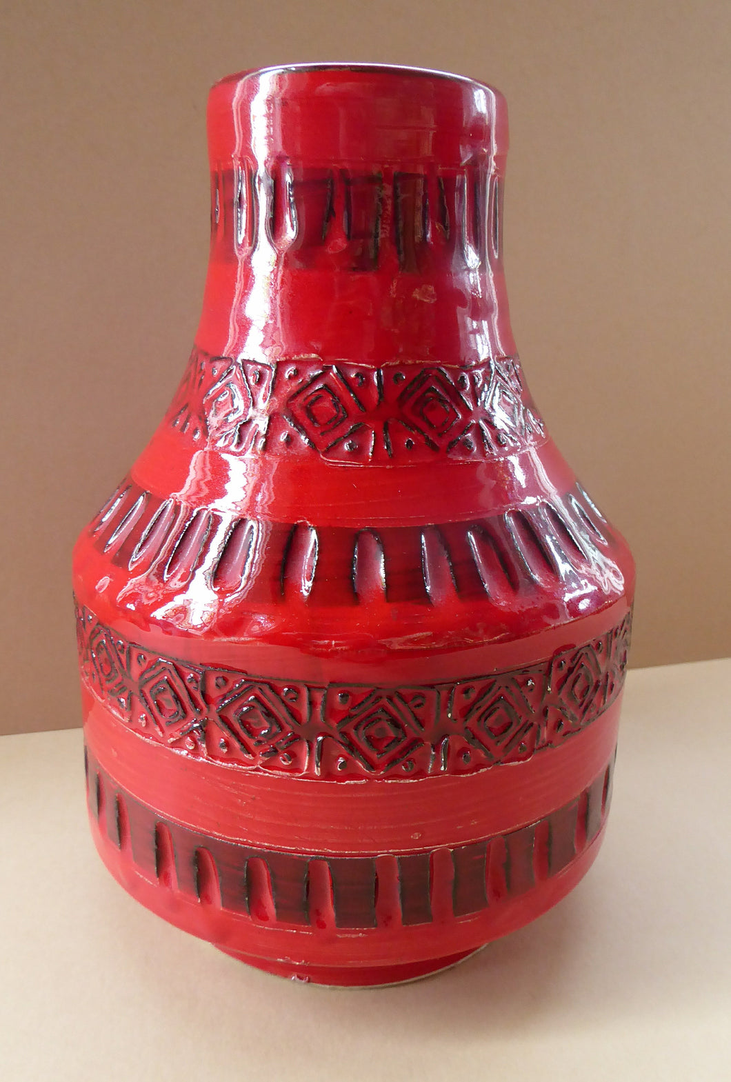 1960s Red Abstract Vase. Fabulous Shape and Colour, with Incised Decoration