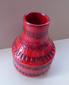 1960s Red Abstract Vase. Fabulous Shape and Colour, with Incised Decoration