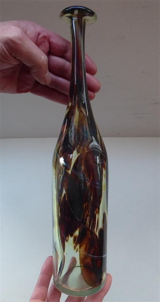 1970s MDINA Glass Attenuated Bottle Vase. Attributed to Michael Harris. Very Elegnant Tall Bottle Shape. 14 inches