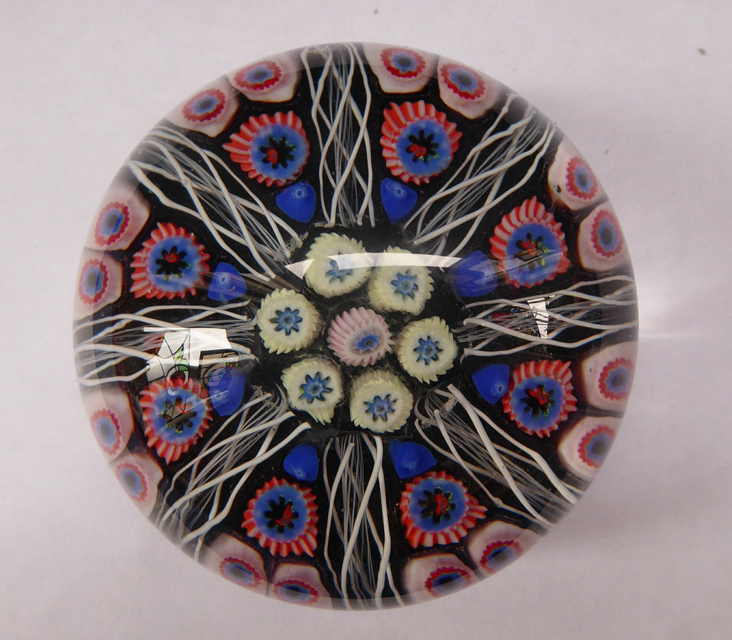 Scottish Glass. Strathearn Millefiori Canes and Latticino Eight Spoke Paperweight