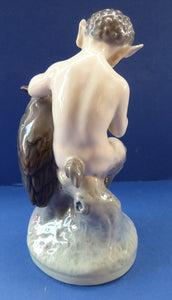 ROYAL COPENHAGEN 1960s PAN Figurine. The Satyr Blowing his Pan Pipes to his Attentive Friend the Owl. Rarer Vintage Model No. 2107