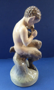 ROYAL COPENHAGEN 1960s PAN Figurine. The Satyr Blowing his Pan Pipes to his Attentive Friend the Owl. Rarer Vintage Model No. 2107
