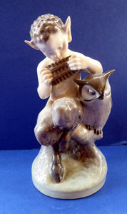 ROYAL COPENHAGEN 1960s PAN Figurine. The Satyr Blowing his Pan Pipes to his Attentive Friend the Owl. Rarer Vintage Model No. 2107