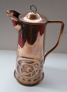 Stunning Copper Arts & Crafts Lidded Flagon / Jug. With stylised foliate decoration around the base