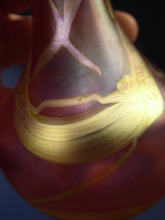 Load image into Gallery viewer, 1990s OKRA GLASS Pink Vase with iridescent gold swirls - lustre sugar pink glass with original LABEL
