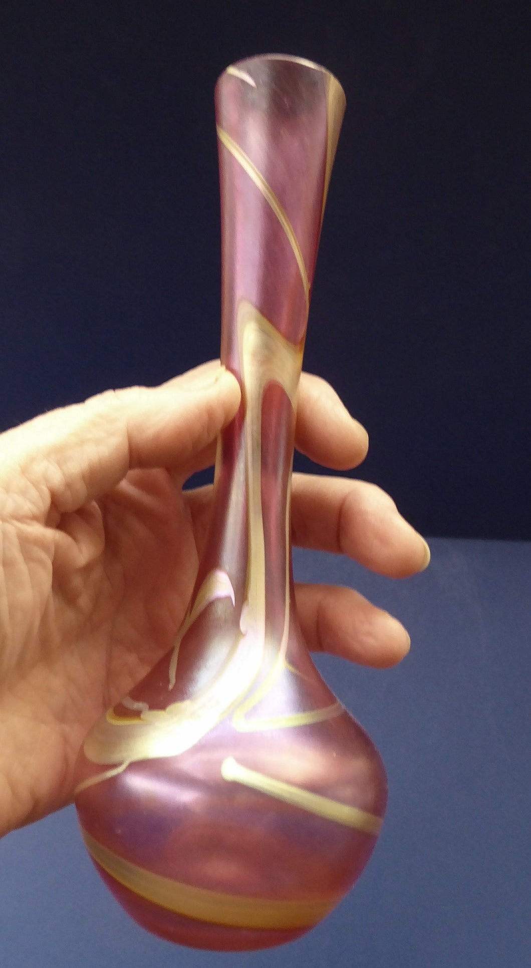 1990s OKRA GLASS Pink Vase with iridescent gold swirls - lustre sugar pink glass with original LABEL