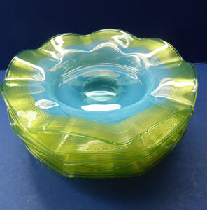 SIX Antique JOHN WALSH Vaseline Glass Side or Fruit Plates - with Pale Blue Vaseline Centres and Frilled Edge with Trails.