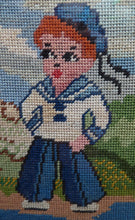 Load image into Gallery viewer, Vintage NURSERY PICTURE. Embroidery Panel Showing a Little French Sailor Meeting a Wee Hula Girl; 1960s
