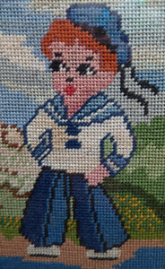 Vintage NURSERY PICTURE. Embroidery Panel Showing a Little French Sailor Meeting a Wee Hula Girl; 1960s