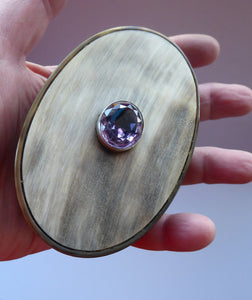 ANTIQUE Scottish Horn Snuff Box. 19th Century Horn Oval Box with Faceted Amethyst Set in a Slim Silver Band on the Lid
