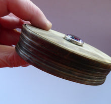 Load image into Gallery viewer, ANTIQUE Scottish Horn Snuff Box. 19th Century Horn Oval Box with Faceted Amethyst Set in a Slim Silver Band on the Lid
