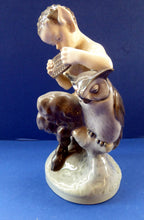 Load image into Gallery viewer, ROYAL COPENHAGEN 1960s PAN Figurine. The Satyr Blowing his Pan Pipes to his Attentive Friend the Owl. Rarer Vintage Model No. 2107

