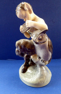 ROYAL COPENHAGEN 1960s PAN Figurine. The Satyr Blowing his Pan Pipes to his Attentive Friend the Owl. Rarer Vintage Model No. 2107
