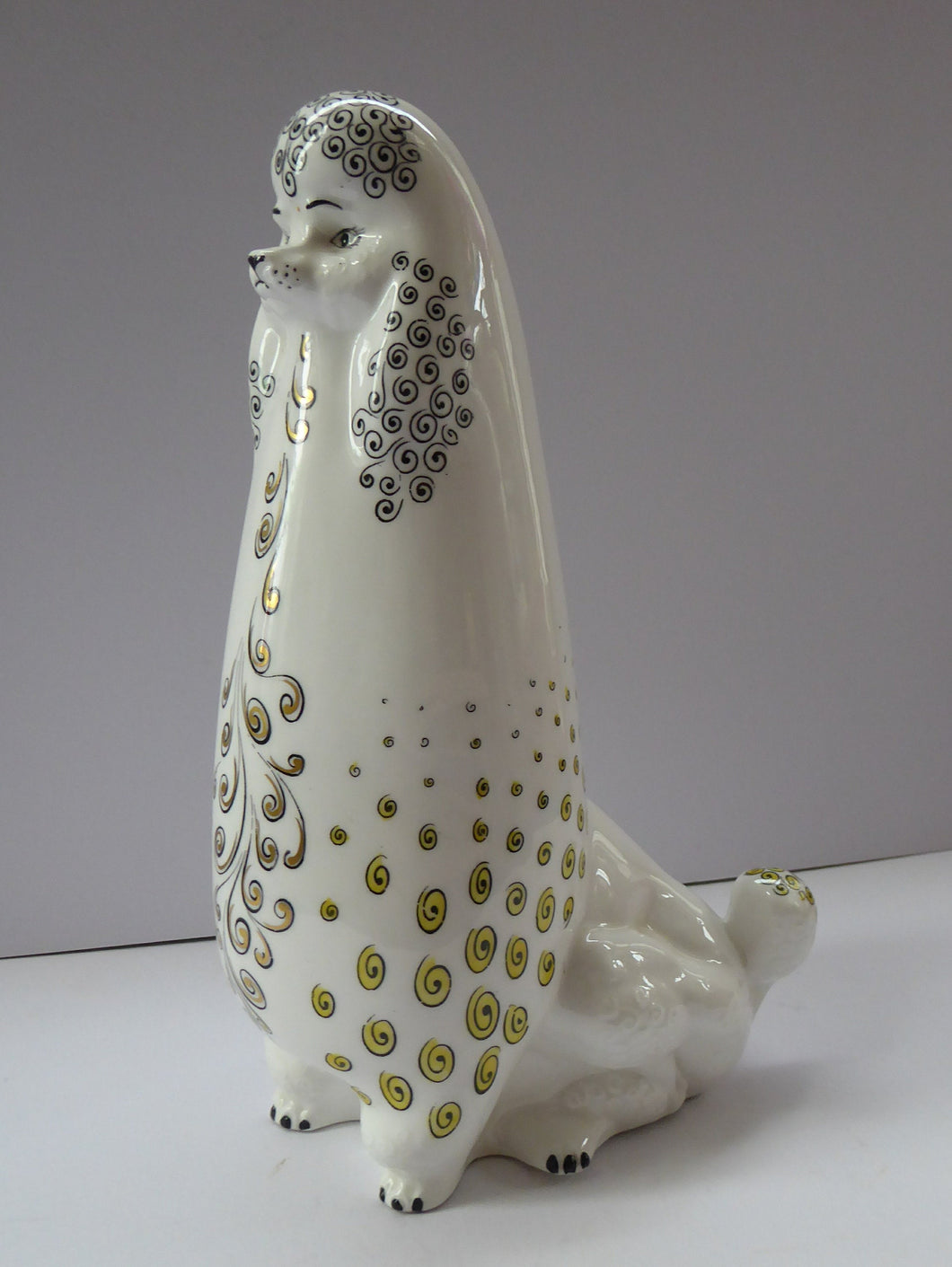 Rare 1950s FOLEY Bone China Stylised POODLE. Abstracted shape with lots of tiny painted curls touched with yellow