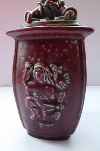 Rare ROYAL COPENHAGEN Lidded Stoneware Vase or Urn by Bode Willumsen. Triangular Pot Decorated with Nordic Mythical Figures; 1920s