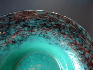 Pretty SCOTTISH MONART GLASS Shallow Bowl. Aqua Green with Gold and Black Aventurine & Customary Raised Pontil Mark